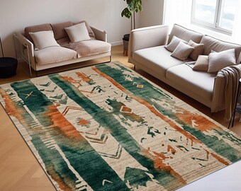 Modern Abstract Kilim Rug, Boho Area Rug, Handmade Turkish Kilim, Green Orange Tribal Rug, Contemporary Livingroom Rug, Vintage Style Carpet