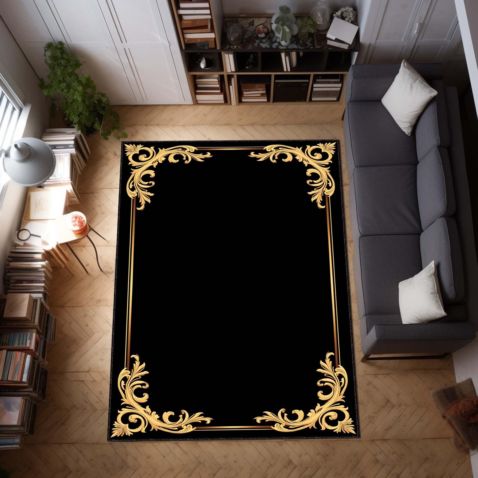 Art Deco Area Rug, Black and Gold Geometric Carpet, Modern Glam Floor Mat, Gatsby Style Rug, Elegant Living Room Decor, Office Floor Decor