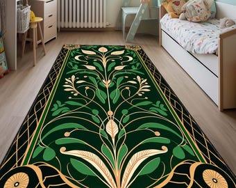 Elegant Art Deco Area Rug – Black & Green Luxury Carpet, Vintage Glam Floor Rug, Geometric Pattern, Modern Classic Home Accent, Chic Design