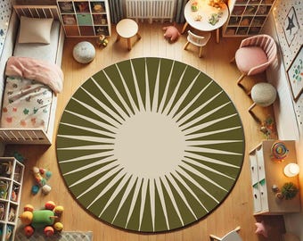 Modern Sunburst Round Rug – Olive Green Geometric Circle Carpet, Minimalist Boho Sun Design Floor Mat, Contemporary Home Decor