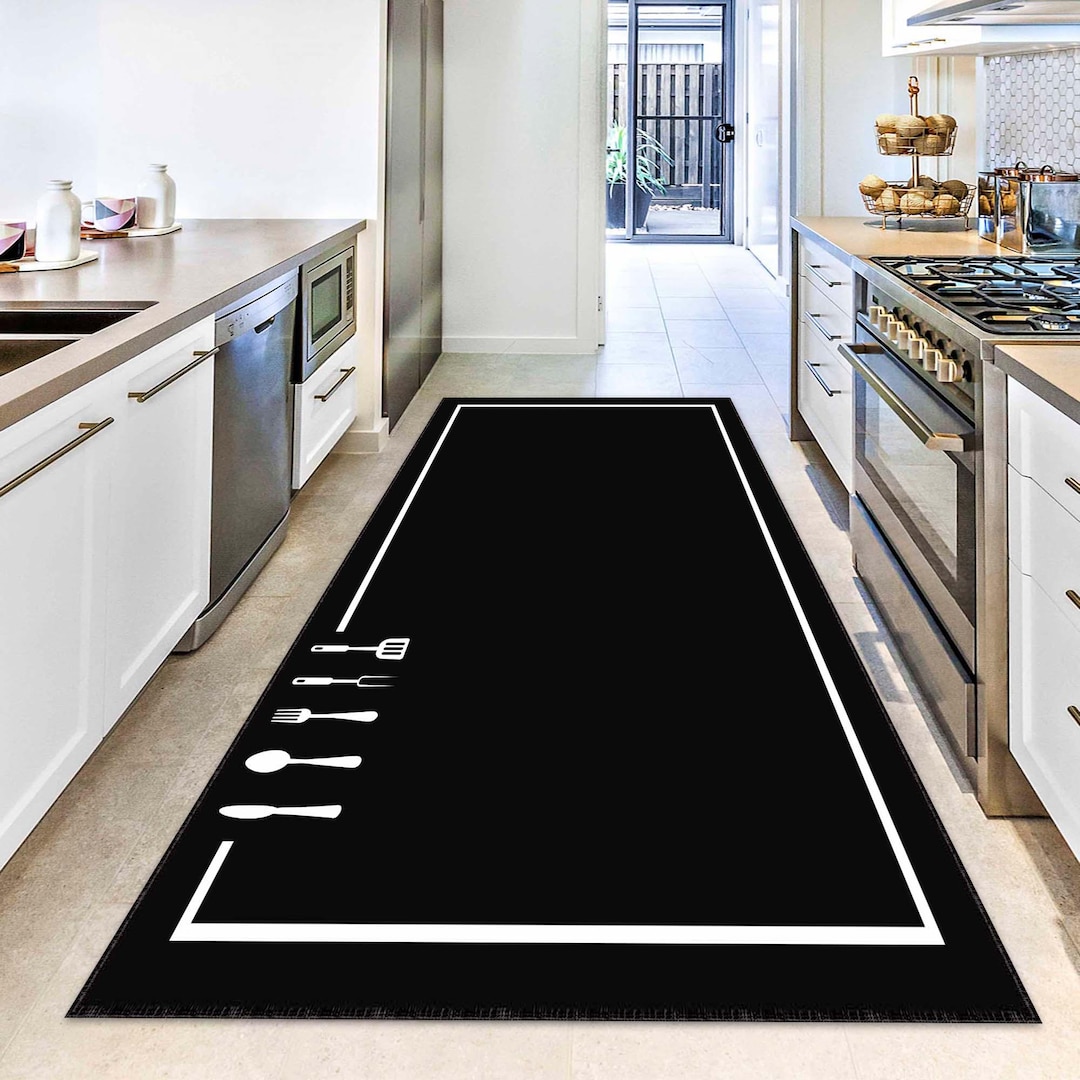 Kitchen Runner Rug, Black Cooker Rug, Rustic Farmhouse Carpet, Modern ...