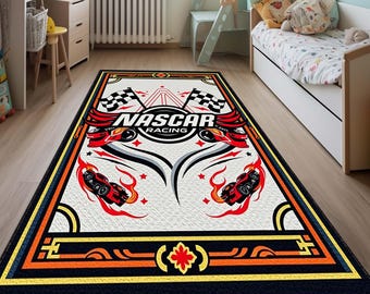 NASCAR Racing Area Rug, Race Car Bedroom Rug, Checkered Flag