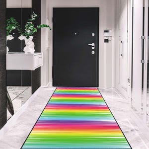Hallway Runner, Colorful Striped Rug, Modern Multicolor Carpet, Vibrant Linear Pattern Rug, Non-Slip Decorative Rug, Kitchen Washable Rug