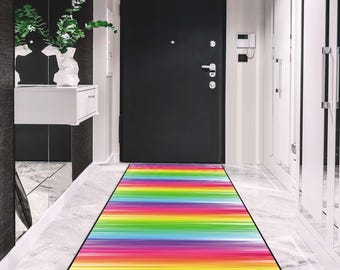 カラフルなストライプ柄の長方形エリアラグ、装飾的な廊下用ランナー