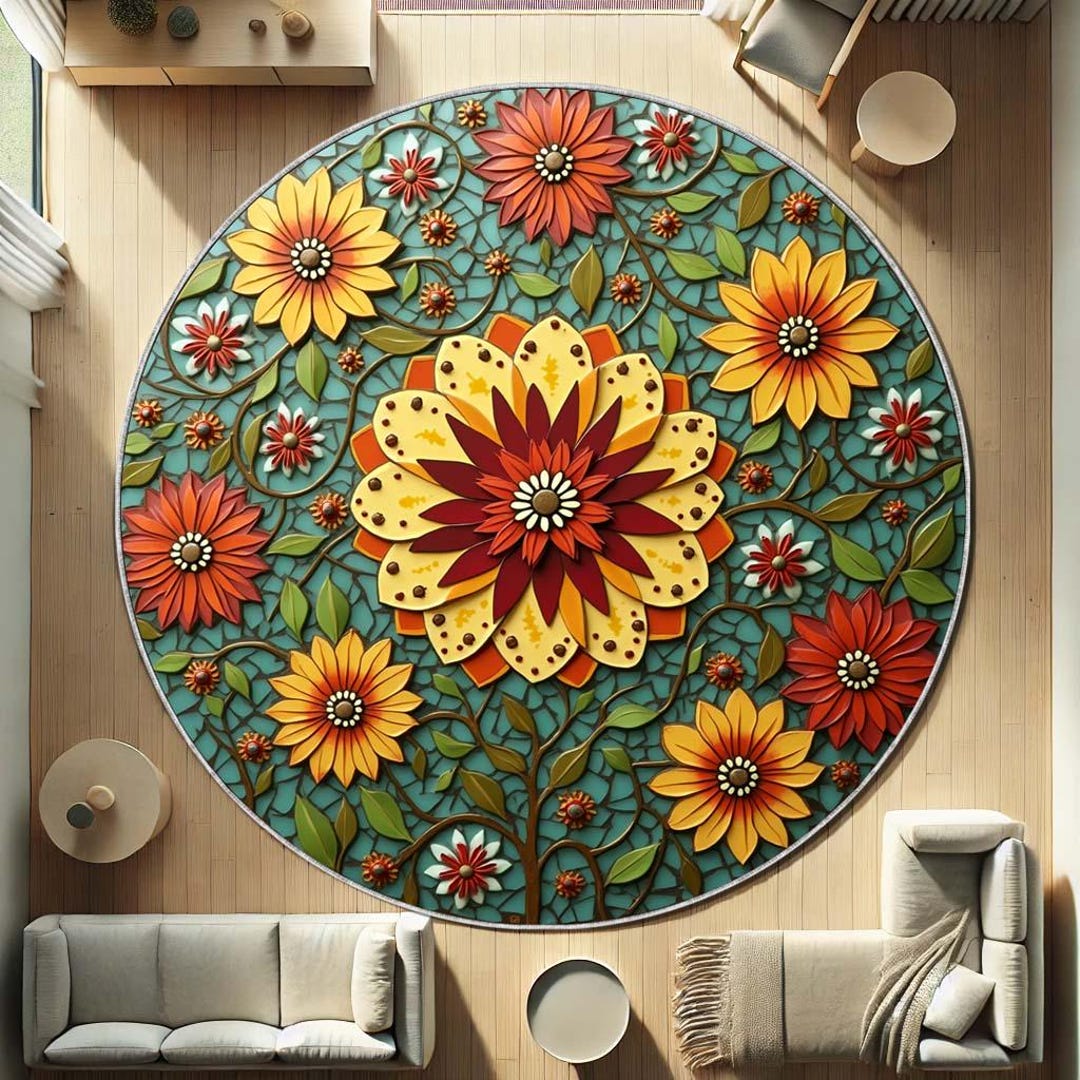Sunflower Floral Round Rug, Colorful Blooming Flowers Circle Carpet ...