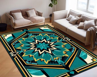 Blue Art Deco Area Rug, Geometric Vintage Style Carpet, Bold Glam Floor Mat for Modern, Elegant Rug, or Moody Luxury Home Decor, Modern Rug