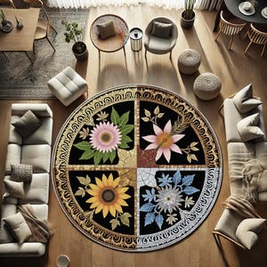 Four Seasons Floral Round Rug, Colorful Flower Circle Carpet for Spring, Summer, Fall, Winter Decor, Boho Home Style, or Gift for Christmas