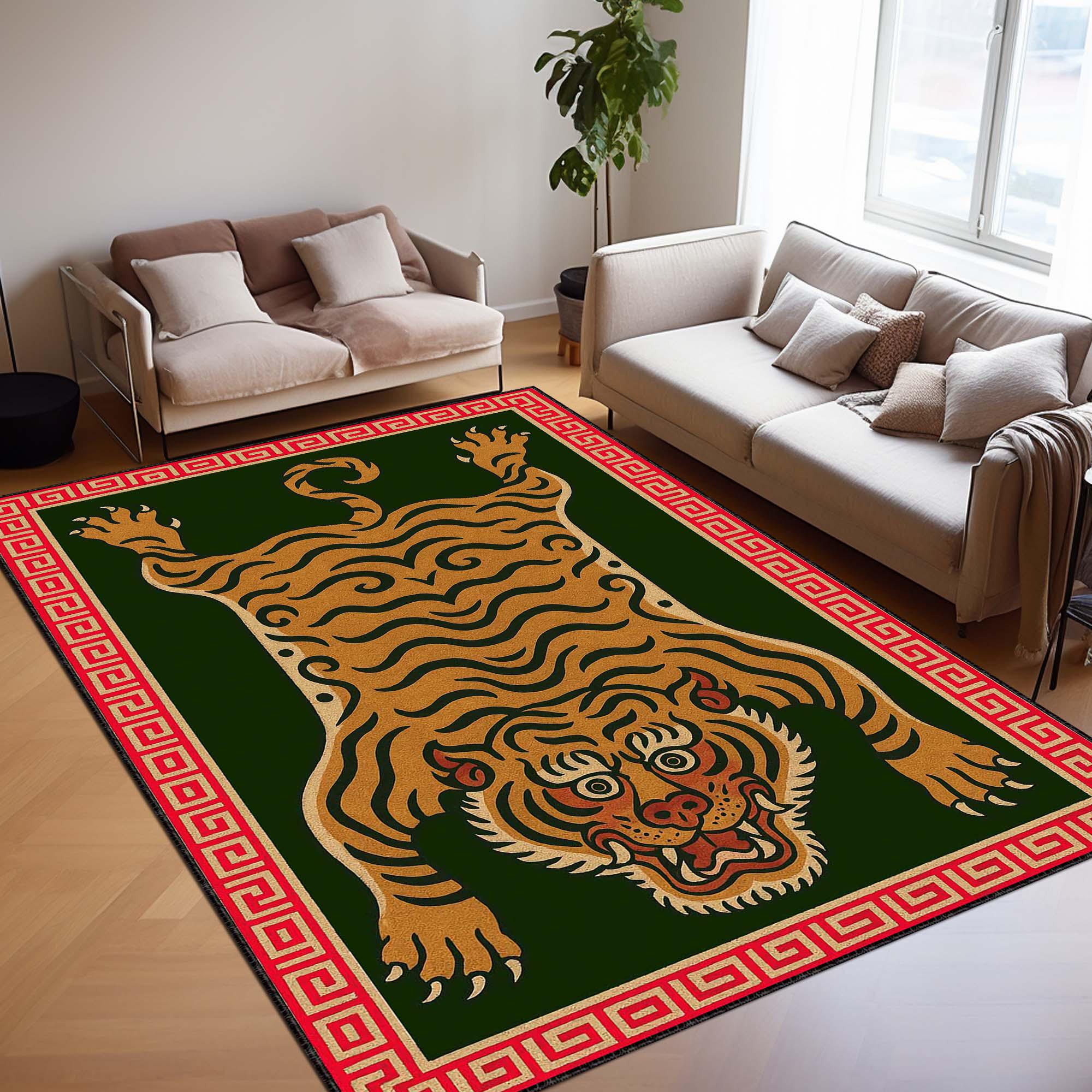Tibetan Tiger Rug - Green Boho Carpet, Oriental Kilim, Spiritual