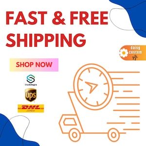 May include: White background with red text that says "FAST & FREE SHIPPING". A pink and yellow button says "SHOP NOW". An orange graphic shows a clock on a truck. Logos for shipping companies are also present.