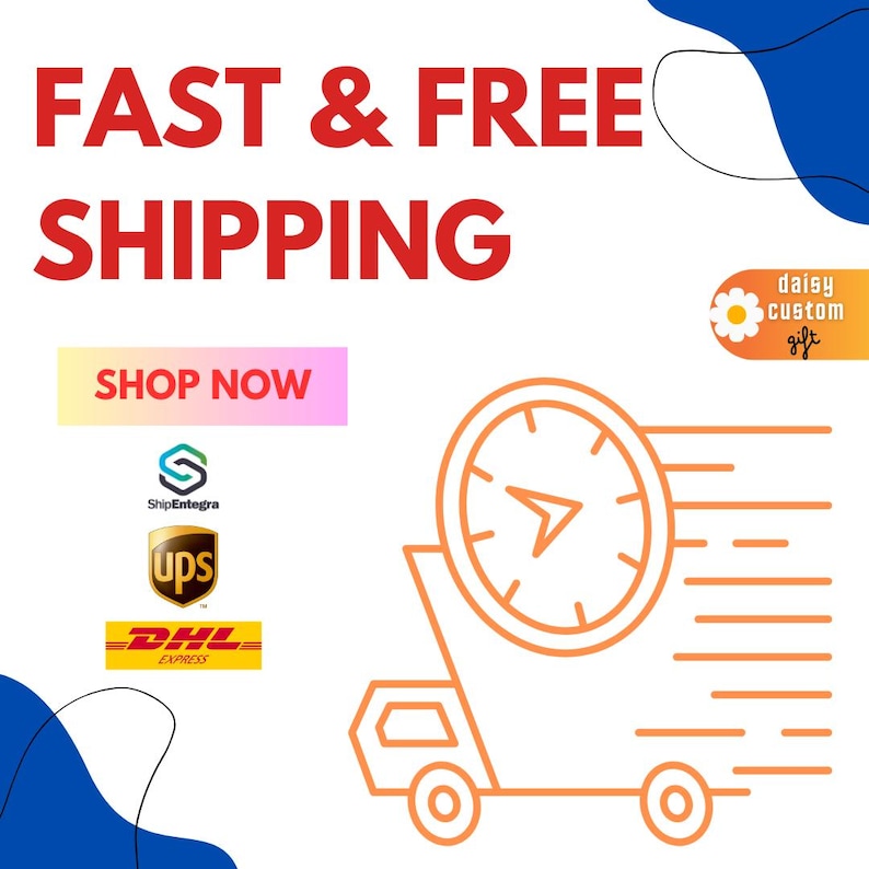 May include: White background with red text that says "FAST & FREE SHIPPING". A pink and yellow button says "SHOP NOW". An orange graphic shows a clock on a truck. Logos for shipping companies are also present.