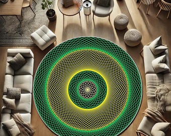 Psychedelic Round Rug With Green Spiral Design, Trippy Neon Circle Carpet, Unique Bohemian Floor Mat, Cool Home Decor, Christmas Gift Rug