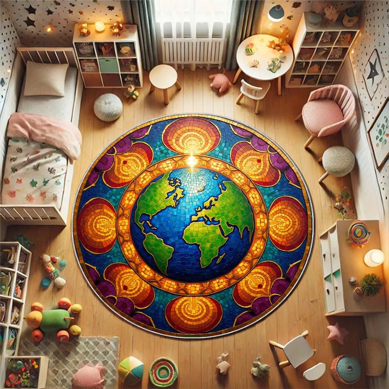 World Explorer Rug Colorful Earth Map Circle Carpet, World Globe Mosaic Round Rug, Travel ...
