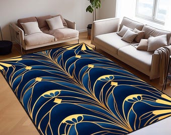 Luxuriöser Art-Deco-Teppich - Blauer, eleganter Teppich, moderne glamouröse Bodenmatte, geometrischer minimaler Stil, schickes Wohndekor, Vintage-Glam-Teppich