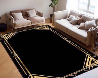 &quot;Eleganter Art-Deco-Teppich, Schwarz-Gold-Luxusteppich, Vintage-Glam-Bodendekor, geometrisches Muster, moderner klassischer Wohnakzent, schickes Design.&quot;