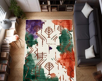 New Nomad Abstract Kilim Rug, Boho Area Rug, Handmade Turkish Kilim, Green Orange Tribal Rug, Contemporary Rug, Vintage Style Carpet