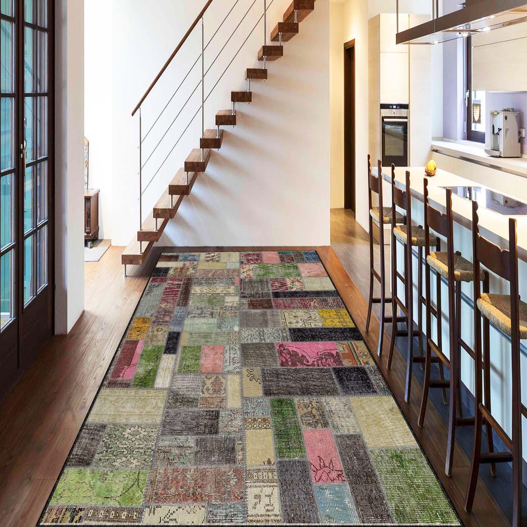 Patchwork Runner Rug, Vintage Upcycled Carpet, Multicolor Hallway Rug ...