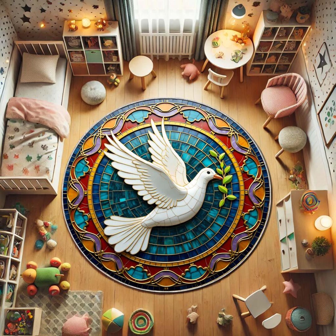 Peace Dove and Olive Branch Round Rug, Symbolic Circle Carpet ...