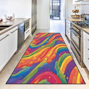 Alfombra de pasillo con arcoíris colorido, alfombra psicodélica para pasillo, alfombra bohemia vibrante, decoración del hogar con arte abstracto moderno, alfombra para habitación infantil