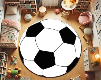 Alfombra redonda con balón de fútbol, temática deportiva, decoración infantil, color blanco y negro