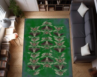 Moth Pattern Rug, Gothic Area Rug, Vintage Insect Carpet, Dark Boho Rug, Green Statement Rug, Butterfly Inspired Rug, Unique Floor Decor
