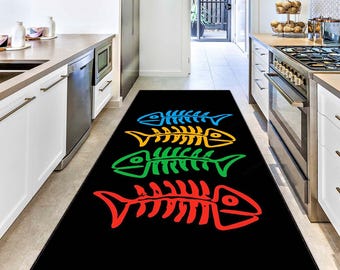 Fish Pattern Hallway Runner Rug, Ocean-Themed Carpet, Coastal Decorative Rug, Non-Slip Nautical Floor Runner, Marine Style Rug, Kitchen Rug