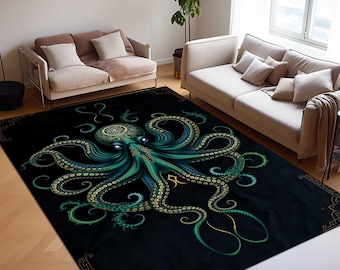 Gothic Octopus Art Deco Rug, Mystical Sea Creature Area Carpet, Dark Ocean Floor Mat, Moody, Eclectic Home Decor, Man Cave Rug
