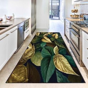 Forest Leaf Rug, Lush Greenery Hallway Carpet, Nature-Inspired Botanical Mat, Jungle Theme Home Decor, Kitchen Washable Rug, Green Area Rug