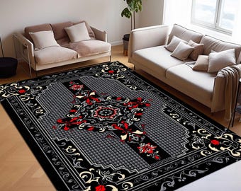Gothic Victorian Rug, Black Red Ornamental Carpet, Dark Academia Area Rug, Baroque Style Rug, Vintage Gothic Decor, Maximalist Statement Rug