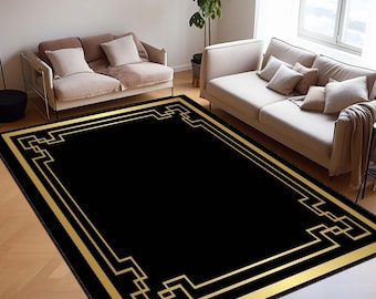 Eleganter Art-Deco-Teppich - Schwarz-Gold-Luxusteppich, Vintage-Glam-Bodendekor, geometrisches Muster, moderner klassischer Wohnakzent, schickes Design