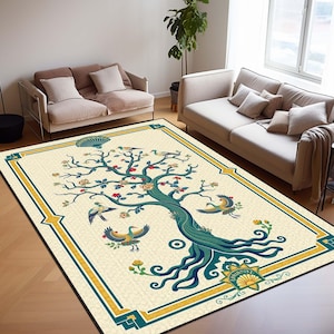 Tree of Life Rug, Vintage Art Deco Area Carpet Birds, Boho Nature Decor, Spiritual Floor Rug, Sacred Symbol Tapestry Rug, Japanese Crane Rug