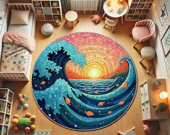 Vibrant Japan Great Wave and Sun Illustration Printed Round Rug