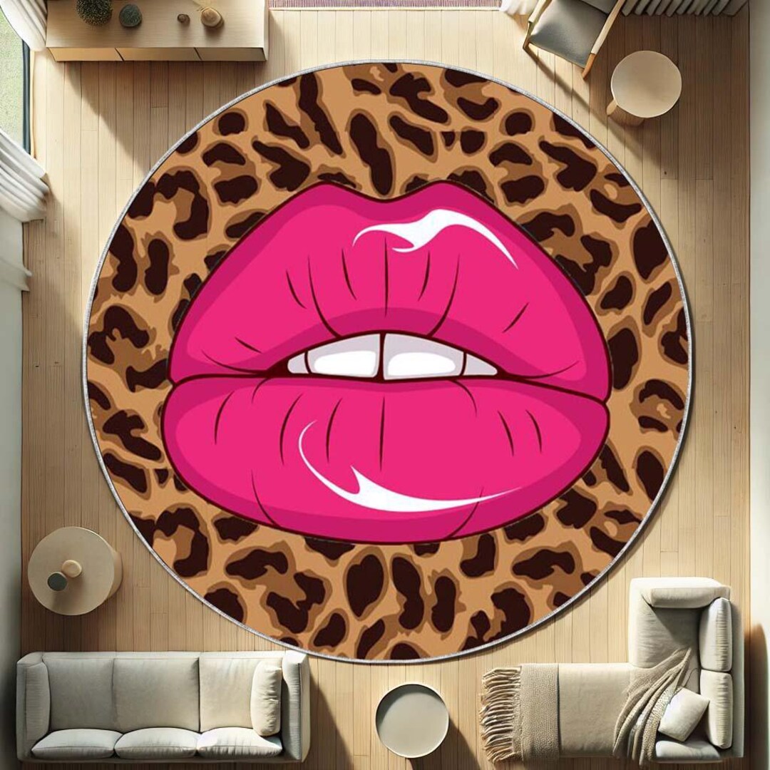 Pink Lips Leopard Print Round Rug, Funky Pop Art Carpet, Bold Room ...