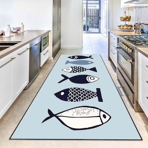 Light Blue Fish Rug, Ocean-Themed Hallway Carpet, 3D Aquatic Design, Coastal Home Decor, Marine Life Floor Mat, Nautical Aesthetic Rug