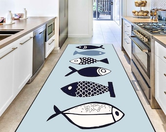 Light Blue Fish Rug, Ocean-Themed Hallway Carpet, 3D Aquatic Design, Coastal Home Decor, Marine Life Floor Mat, Nautical Aesthetic Rug