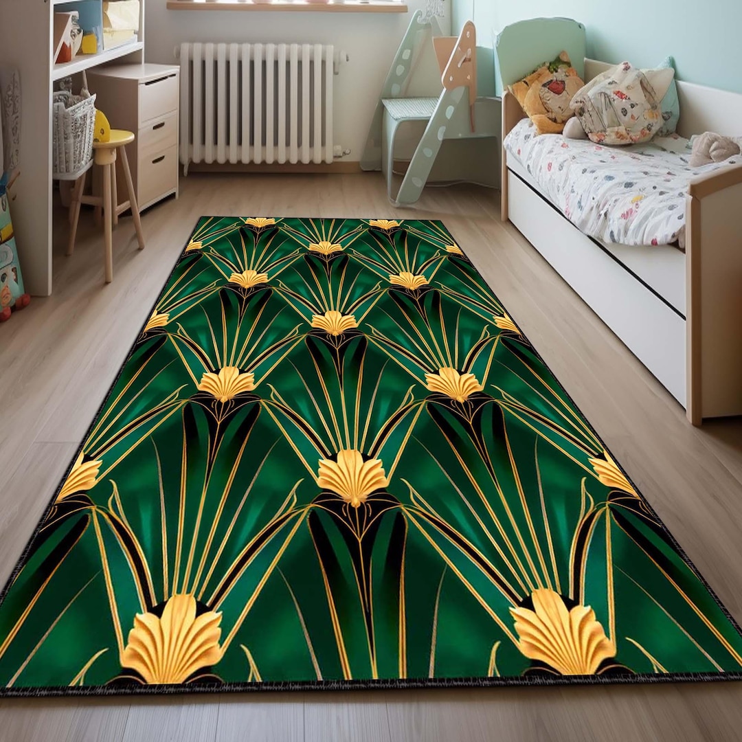 Luxury Art Deco Area Rug – Green and Gold Elegant Carpet, Modern Glam ...