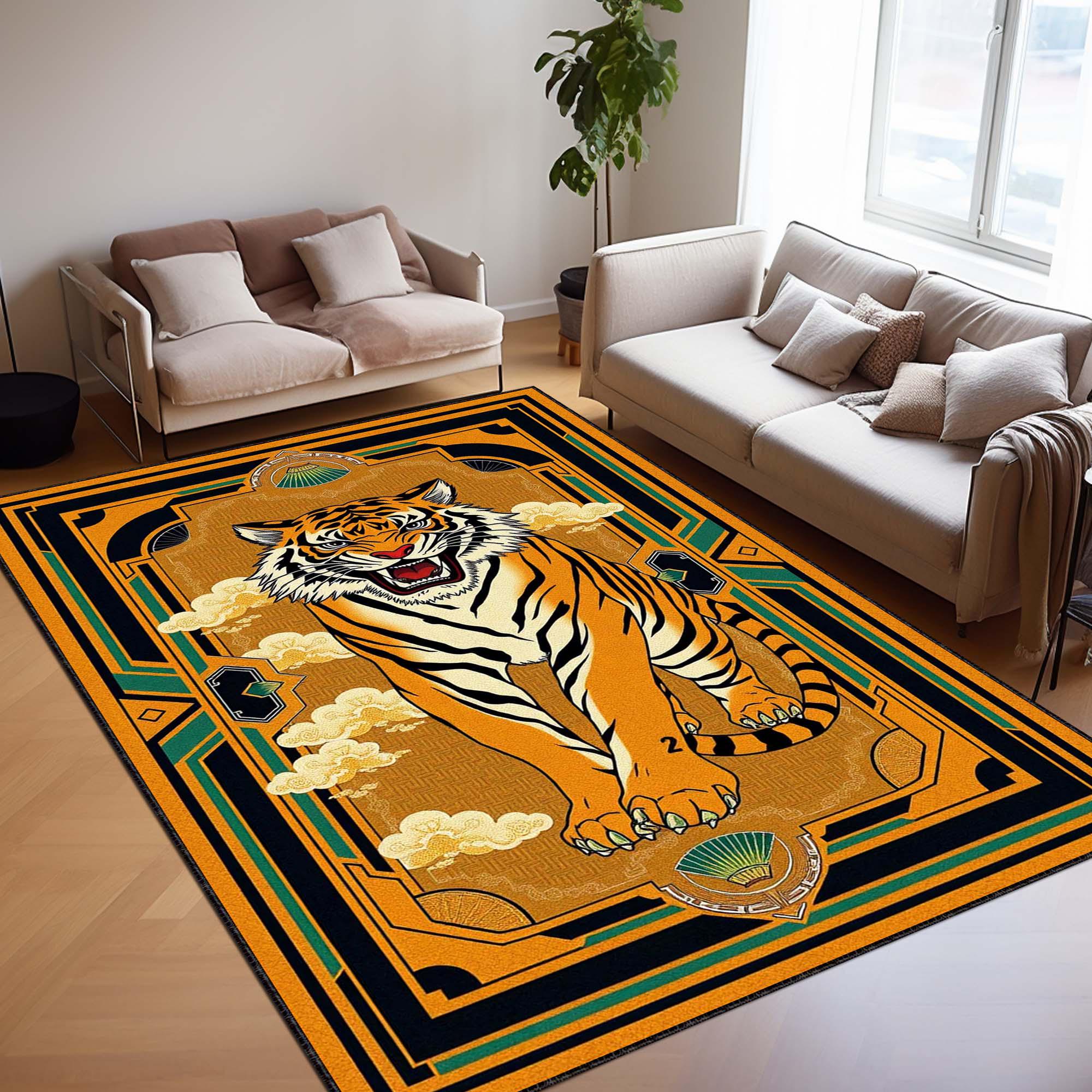 Tibetan Tiger Rug, Bold Art Deco Area Carpet, Japanese Style Tiger