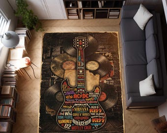 Rock N Roll Music, Vintage Music Rug, Personalized Rug, Rock Bands Rug, Soft Carpet, Music Legends Rug, Metal Music Guitar, Bar Rug Mat