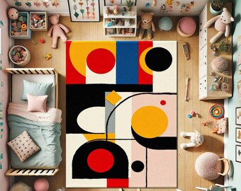 Kandinsky Art Deco Area Rug, Grey Modern Geometric Carpet, Mid Century Style Floor Rug, Retro Bold Pattern Large Kids Room Rug, Gift Rug