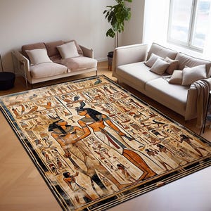 May include: Rectangular rug with an ancient Egyptian design, featuring hieroglyphs and figures. The rug has a beige background with black borders and depicts pharaohs and other figures in vibrant colours. The rug is placed in a living room setting.