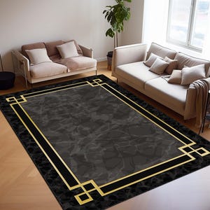 Black Marble Design Area Rug With Gold Accents, Modern Abstract Carpet For Living Room, Elegant Floor Mat, Stylish Home Rug, Gold Framed Rug