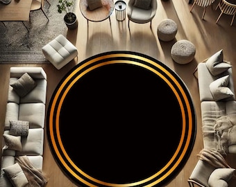 Modern Black Gold Round Rug, Minimalist Circle Carpet, Elegant Gold Border Luxury Decor