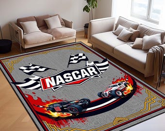 NASCAR Racing Area Rug, Race Car Bedroom Rug, Checkered Flag