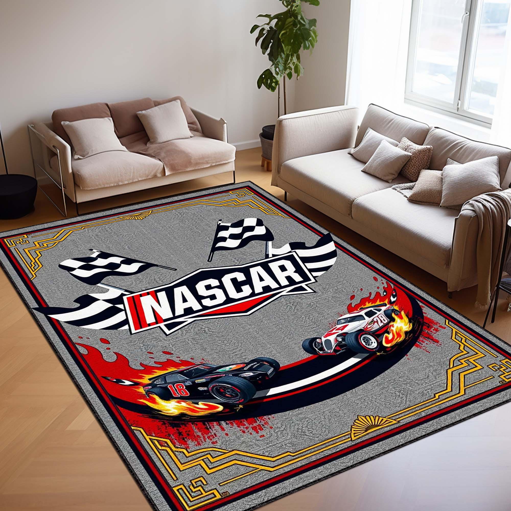 ナスカー　アメ車　ラグ NASCAR Racing Area Rug, Race Car Bedroom Rug, Checkered Flag