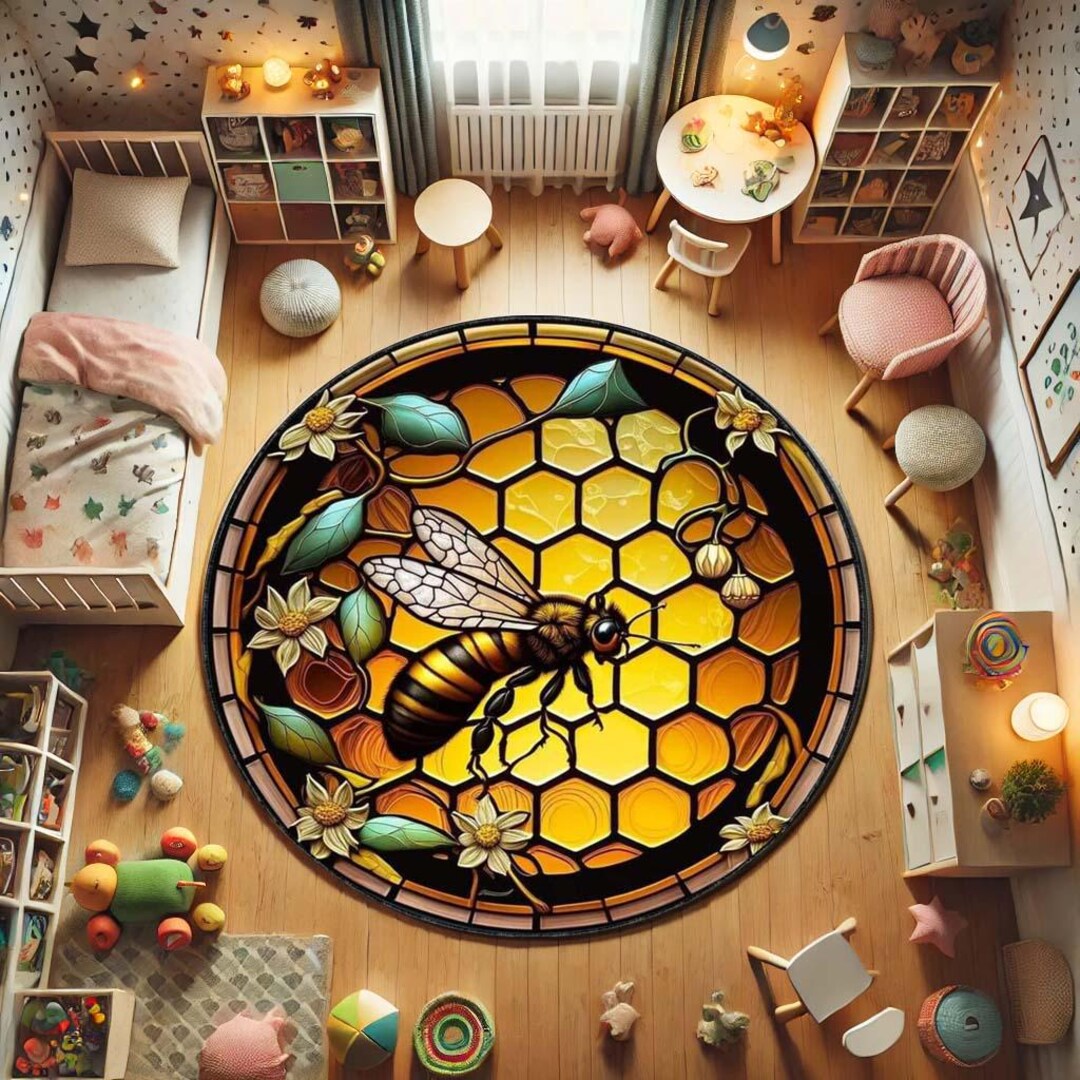 Bee Rug Honeybee Round Rug With Honeycomb and Flowers, Nature Inspired Carpet ...