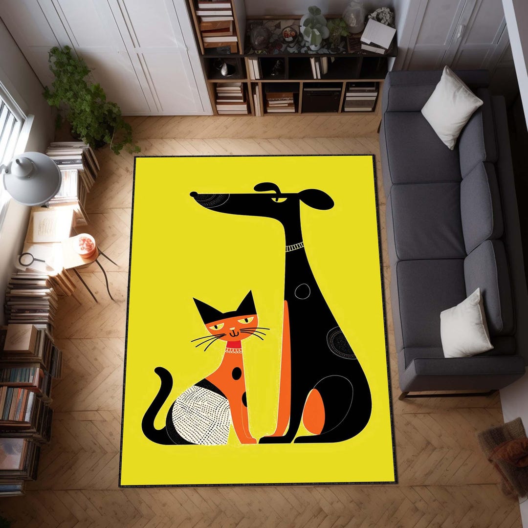 Pets Designs Rug Cute Dog and Cat Minimalist Rug, Soft Pet Lover Area Carpet, Neutral ...