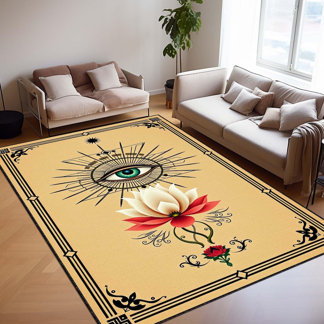 Modern Rug Lotus Rug Modern Evil Eye Lotus Art Deco Rug, Minimalist Spiritual Area Carpet ...