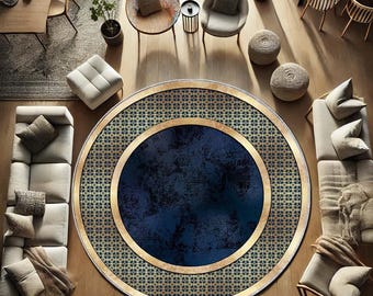 Round Marble Pattern Rug, Greek Key Border Area Carpet, Elegant Navy Blue Floor Mat, Washable Modern Decor, Classic Gift Idea, Entryway rug