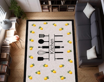 Lemon Runner Rug, Black Border Carpet, Yellow Lemon Rug, Vibrant Hallway Decor, Fresh Fruit Rug, Vibrant Home Rug, Kitchen Decor