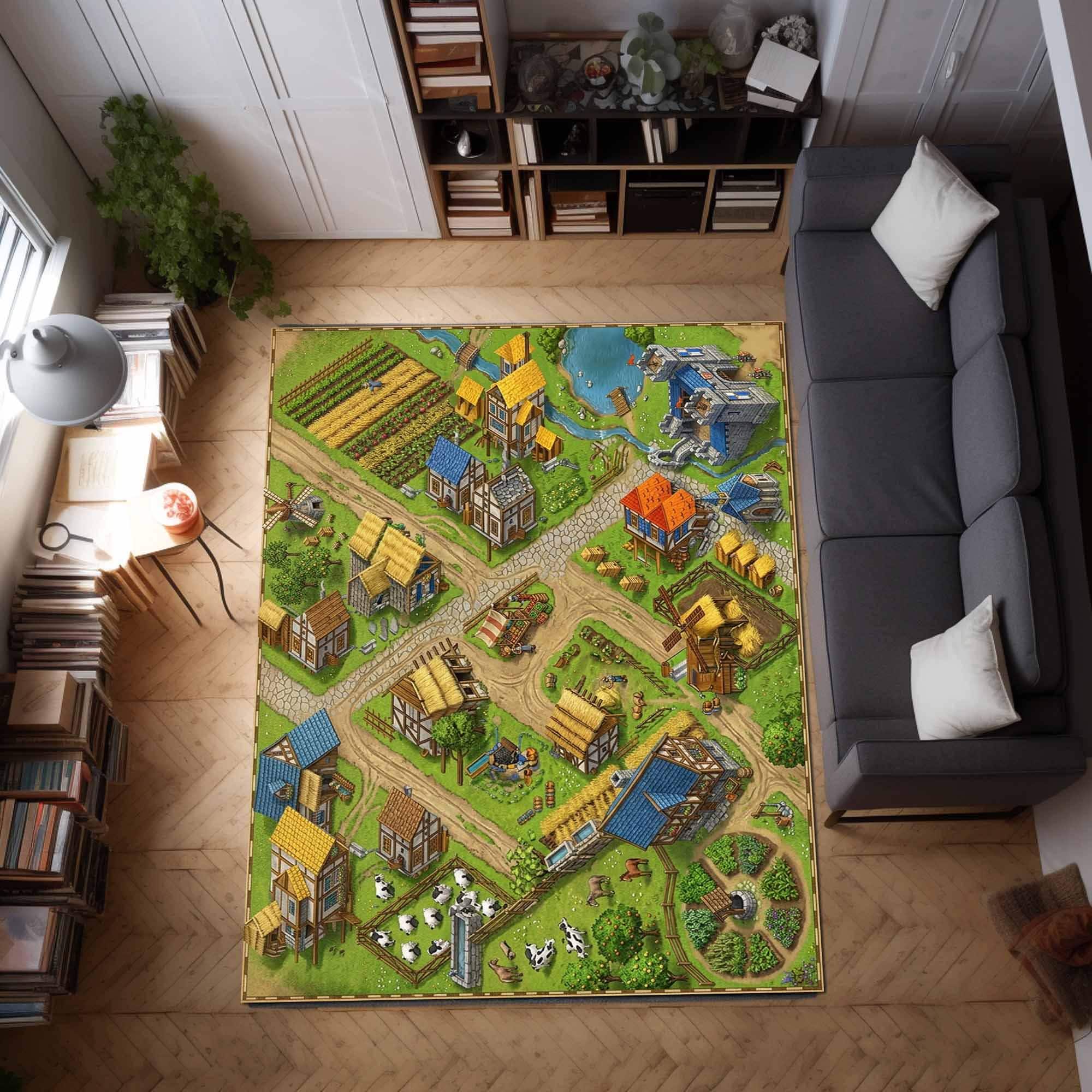 Rpg Rug Medieval Village Map Illustration, Fantasy Farm Town Rug, Printable ...
