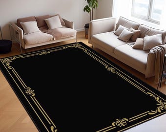 Art Deco Area Rug, Black and Gold Geometric Carpet, Modern Glam Floor Mat, Victorian Style Rug, Elegant Living Room Decor, Office Floor Rug